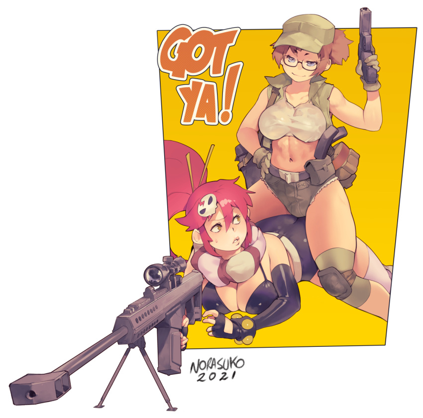 2girls anti-materiel_rifle artist_name bangs bikini black-framed_eyewear black_shorts blue_eyes breasts brown_hair closed_mouth commentary crossover dated english_commentary fio_germi glasses green_headwear grey_shorts gun hair_between_eyes hair_ornament handgun hat highres holding holding_gun holding_weapon large_breasts long_hair looking_at_another lying metal_slug multiple_girls norasuko on_stomach pistol ponytail red_hair rifle scarf short_hair shorts simple_background sitting sitting_on_person skull_hair_ornament smile sniper_rifle straddling striped striped_scarf swimsuit tengen_toppa_gurren_lagann thighs two-tone_background weapon white_background yellow_background yellow_eyes yoko_littner