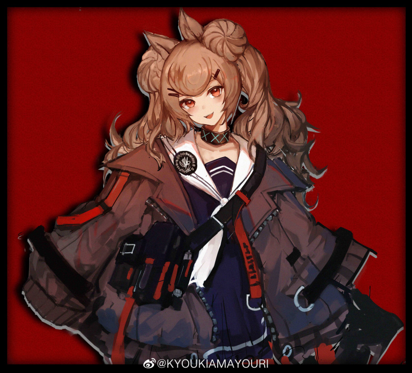 1girl absurdres amayouri angelina_(arknights) animal_ears arknights badge black_collar blue_dress brown_jacket chinese_commentary collar commentary_request cosplay double_bun dress fox_ears gummy_(arknights) gummy_(arknights)_(cosplay) hair_ornament hairclip highres infection_monitor_(arknights) jacket long_hair looking_at_viewer neckerchief open_clothes open_jacket open_mouth red_background red_eyes sailor_collar sailor_dress simple_background solo upper_body white_neckerchief white_sailor_collar