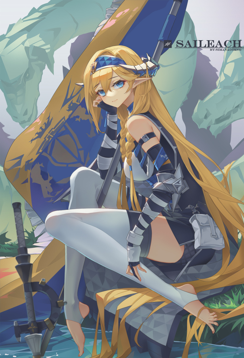 1girl arknights artist_name bangs bare_shoulders black_gloves black_skirt blonde_hair blue_eyes blue_hairband braid breasts character_name closed_mouth creature day dragon dragon_horns elbow_gloves elbow_pads eyebrows_visible_through_hair from_side full_body gloves hairband hand_on_own_cheek hand_on_own_face highres horns legs long_hair looking_at_viewer looking_to_the_side medium_breasts miniskirt no_shoes outdoors partially_fingerless_gloves planted planted_sword pond pouch saileach_(arknights) sima_naoteng sitting skirt smile solo stirrup_legwear sword thighhighs toeless_legwear twin_braids very_long_hair water weapon white_legwear zettai_ryouiki