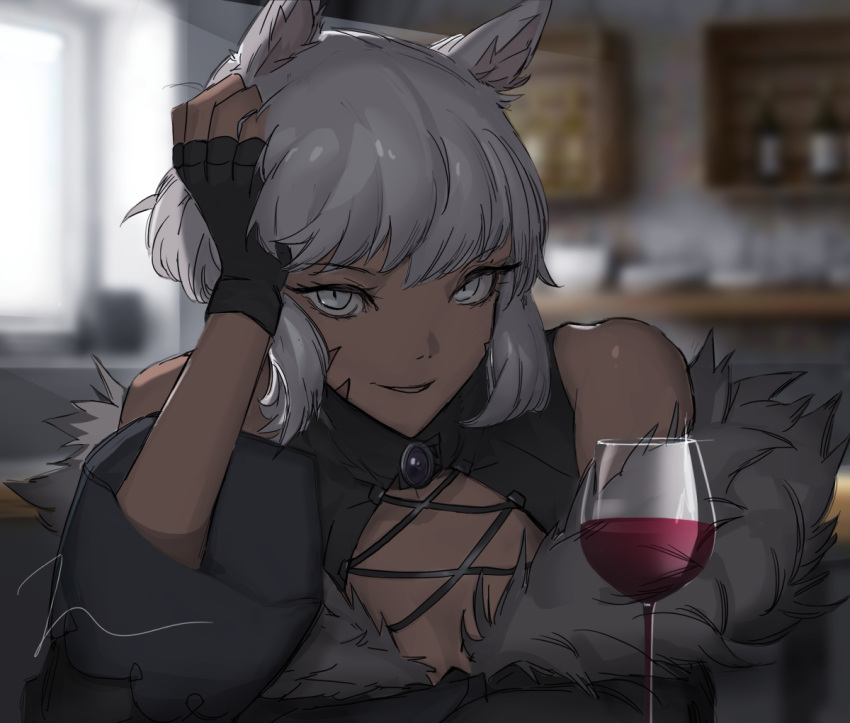 1girl animal_ears black_dress black_gloves blurry blurry_background cat_ears commentary cup dark-skinned_female dark_skin dress drinking_glass elbow_rest eyebrows_visible_through_hair final_fantasy final_fantasy_xiv fingerless_gloves gloves grey_eyes hand_on_own_head looking_at_viewer miqo'te norheart parted_lips red_wine short_hair smile solo upper_body wine_glass y'shtola_rhul
