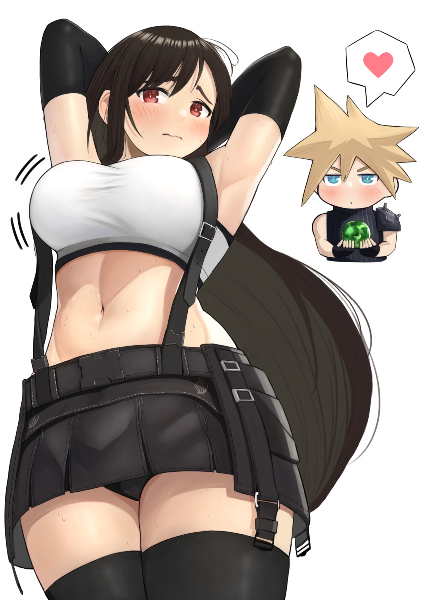 1boy 1girl armpits arms_behind_head arms_up aroused bangs bare_shoulders belt black_belt black_gloves black_legwear black_panties black_shirt black_skirt black_sports_bra blonde_hair blue_eyes blush bouncing_breasts breasts brown_hair closed_mouth cloud_strife commentary cowboy_shot crop_top elbow_gloves embarrassed eyebrows_behind_hair final_fantasy final_fantasy_vii final_fantasy_vii_remake gloves hair_between_eyes heart highres holding kul_(ngsensei) large_breasts long_hair looking_at_viewer materia midriff motion_lines navel panties pantyshot pleated_skirt pose red_eyes ribbed_shirt shirt shy sidelocks simple_background skirt sleeveless sleeveless_shirt snap-fit_buckle spiked_hair spoken_heart sports_bra standing suspender_skirt suspenders sweat tank_top taut_clothes taut_shirt thighhighs tifa_lockhart underwear wavy_mouth white_background white_tank_top zettai_ryouiki