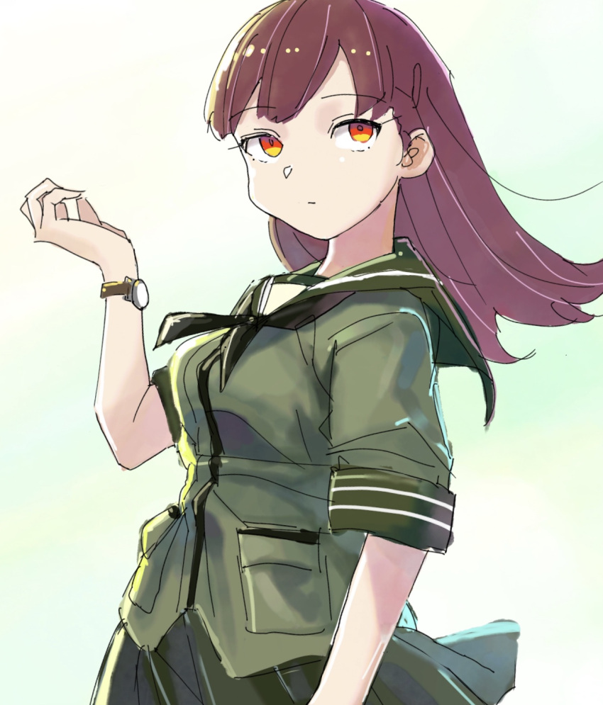 1girl bangs black_neckwear breasts brown_hair closed_mouth commentary_request eyebrows_visible_through_hair green_sarong green_skirt highres kantai_collection long_hair medium_breasts mizuki_kyou ooi_(kancolle) orange_eyes sailor_collar sarong school_uniform serafuku simple_background skirt solo upper_body watch wristwatch