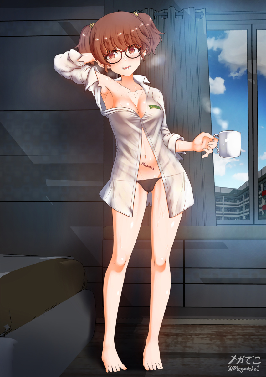 1girl alisa_(girls_und_panzer) aquaegg arm_behind_head arm_up artist_name bangs barefoot bespectacled black-framed_eyewear black_panties blinds blush body_freckles body_writing breasts brown_eyes brown_hair cleavage coffee_mug commentary cup dress_shirt eyebrows_visible_through_hair freckles girls_und_panzer glasses hair_ornament highres holding holding_cup implied_yuri indoors long_sleeves looking_at_viewer medium_breasts mug navel no_bra no_pants open_mouth panties partially_unbuttoned shirt short_hair short_twintails signature smile solo standing star_(symbol) star_hair_ornament steam string_panties toes twintails twitter_username underwear white_shirt window