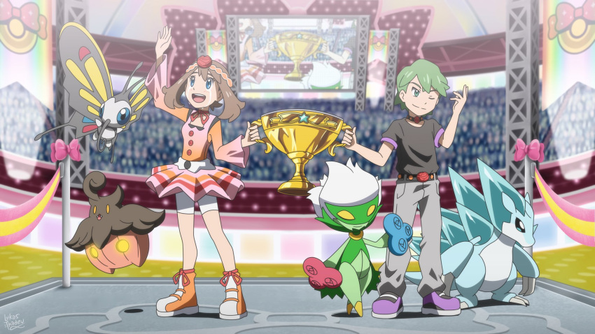 1boy 1girl alolan_sandslash alternate_costume beautifly black_choker black_shirt blue_eyes boots brown_hair celebration choker closed_eyes commentary denim drew_(pokemon) english_commentary flower frilled_skirt frills green_eyes green_hair grey_pants happy_tears head_wreath highres holding_trophy jeans lukas_thadeu may_(pokemon) official_style one_eye_closed orange_footwear pants pink_ribbon pokemon pokemon_(anime) pokemon_(creature) pokemon_rse_(anime) pumpkaboo purple_footwear red_button ribbon rose roserade screen second-party_source shirt short_hair signature skirt sparkling_eyes stage stage_lights tears tiara waving wide_sleeves