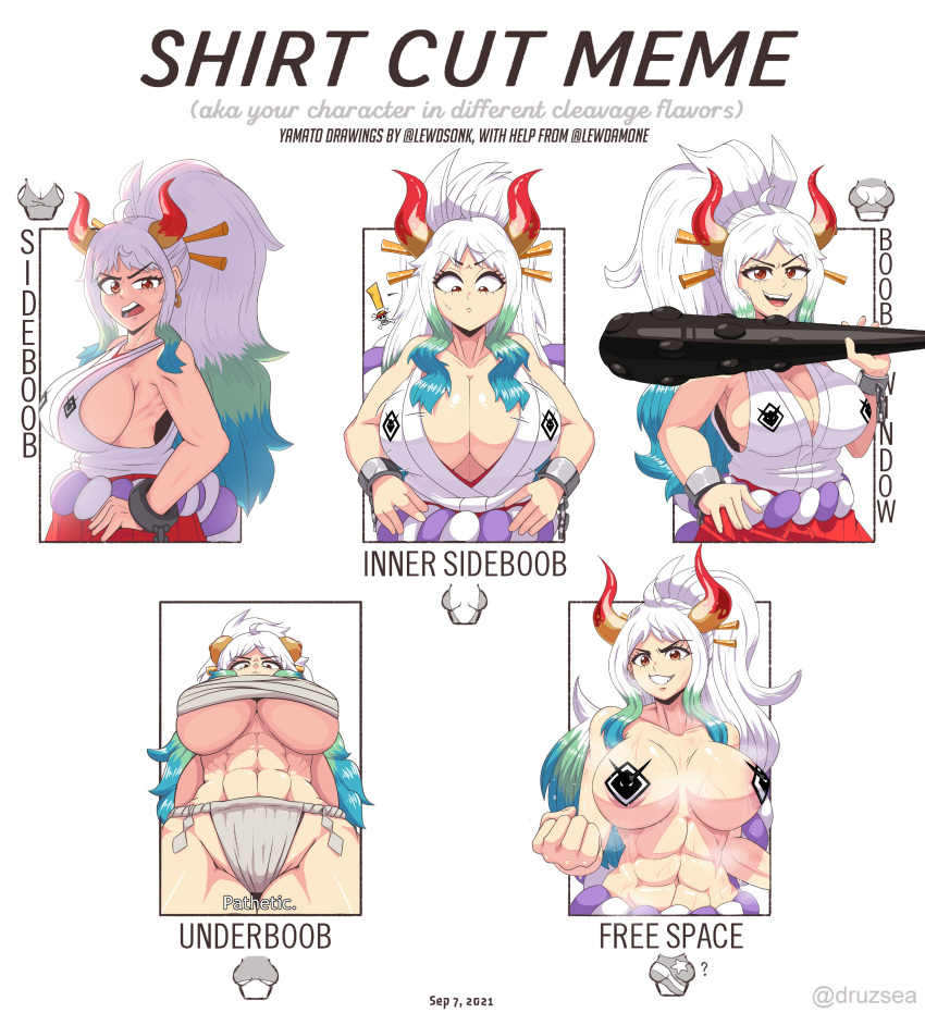 ! 1girl abs absurdres annoyed aqua_hair areolae bandages breasts breasts_apart budget_sarashi chain chart clenched_hand club_(weapon) collaboration collarbone commentary covered_nipples cowboy_shot cuffs curled_horns dated disgust english_commentary english_text eyebrows_visible_through_hair from_below fundoshi green_hair grin groin hair_ornament hair_stick half-closed_eye hand_on_hip hand_up hands_on_hips high_ponytail highres holding holding_weapon horns huge_breasts japanese_clothes kanabou kimono lewdamone lewdssonk long_hair looking_at_viewer looking_down meme multicolored_hair multicolored_horns multiple_views muscular muscular_female navel one_piece oni open_mouth pasties plunging_neckline raised_eyebrow red_eyes red_horns rope sarashi shackles shimenawa shirt_cut_(meme) sideboob skull sleeveless sleeveless_kimono smile spiked_club steaming_body stomach surprised sweat topless underboob underwear underwear_only upper_body v-shaped_eyebrows very_long_hair weapon white_hair yamato_(one_piece) yellow_horns