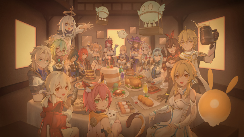 4boys 6+girls :d absurdres aether_(genshin_impact) albedo_(genshin_impact) alcohol alternate_hairstyle amber_(genshin_impact) animal_ears animal_hug antenna_hair apron arm_up armor armored_dress ascot bangs barbara_(genshin_impact) beer beer_mug belt bench black_footwear black_hair black_scarf blue_eyes blue_hair blunt_bangs braid braided_ponytail breasts brown_eyes brown_hair cake capelet cat cat_ears cat_girl cat_tail chicken-mushroom_skewer_(genshin_impact) chicken_(food) cleavage cocktail_glass commentary_request croquette cup damon_ct detached_sleeves diluc_(genshin_impact) diona_(genshin_impact) dress drill_hair drink drinking_glass elbow_gloves eula_(genshin_impact) eyebrows_visible_through_hair eyepatch fish fisheye floating flower food fur_scarf genshin_impact glasses gloves goggles goggles_around_neck green_eyes green_hair habit hair_between_eyes hair_flower hair_ornament hairband hat highres holding holding_cup jean_(genshin_impact) kaeya_(genshin_impact) klee_(genshin_impact) light_purple_hair lisa_(genshin_impact) long_hair long_sleeves looking_at_viewer looking_back low_ponytail low_twintails lumine_(genshin_impact) maid maid_apron maid_headdress meat mechanical_halo mug multicolored_hair multiple_boys multiple_girls necktie no_hat no_headwear noelle_(genshin_impact) nun open_mouth orange_eyes paimon_(genshin_impact) pink_hair plate pointy_ears ponytail pudding puffy_detached_sleeves puffy_sleeves purple_eyes red_eyes red_flower red_hair red_rose rosaria_(genshin_impact) rose sandwich scarf seelie_(genshin_impact) semi-rimless_eyewear short_hair short_sleeves sidelocks silhouette silver_hair single_braid sitting skewer slime_(genshin_impact) smile steak streaked_hair sucrose_(genshin_impact) table tail tavern thick_eyebrows thighhighs twin_drills twintails v v-shaped_eyebrows vision_(genshin_impact) waving white_cat white_dress white_gloves white_hair white_scarf window wine wine_glass witch_hat wooden_cup yellow_eyes zettai_ryouiki