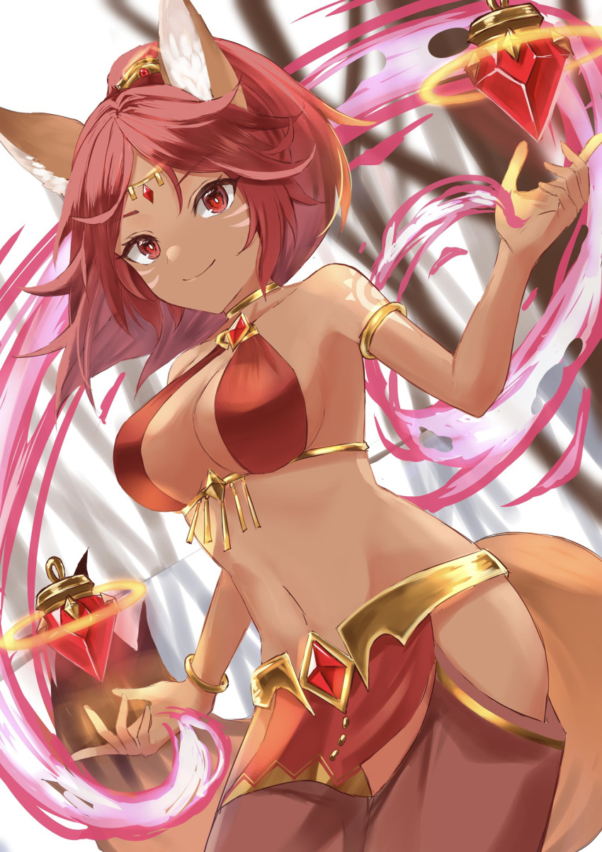 1girl afk_arena animal_ears armlet bikini bikini_top circlet closed_mouth dark-skinned_female dark_skin facial_mark fox_ears fox_tail groin halter_top halterneck harem_outfit harem_pants highres hip_vent jewelry looking_at_viewer medium_hair midriff navel neck_ring pants ponytail raiya_atelier red_bikini red_eyes red_hair satrana_(afk_arena) smile solo swimsuit tail