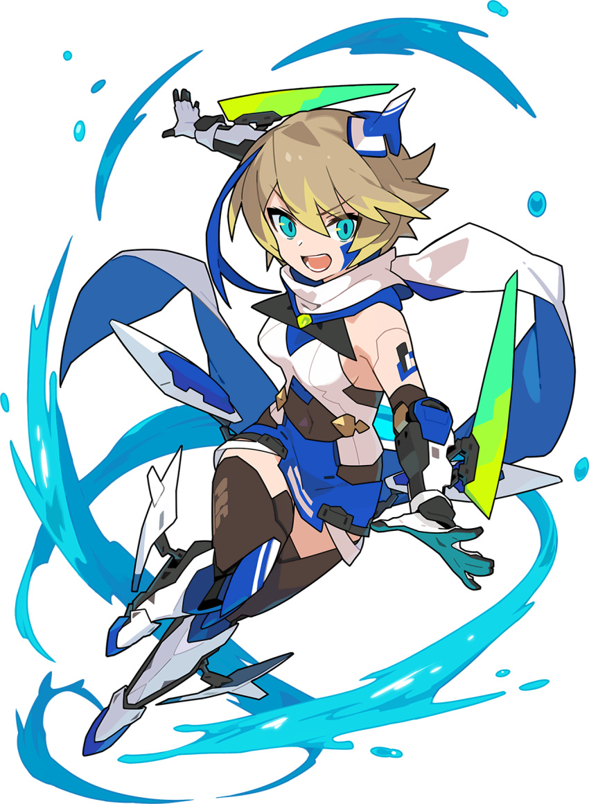 1girl android arm_tattoo artist_request bangs bare_shoulders black_legwear blonde_hair blue_eyes blue_hair blue_skirt boots breasts brown_hair covered_navel elbow_blade elbow_gloves eyebrows_visible_through_hair facial_mark full_body gloves hair_between_eyes headgear highres hydrokinesis joints jumping knee_boots knee_pads leg_up looking_at_viewer medium_breasts miniskirt nate_(world_flipper) non-web_source official_art open_mouth pencil_skirt scarf shiny shiny_hair shirt short_hair sideboob sidelocks skirt sleeveless sleeveless_shirt solo tattoo teeth thighhighs transparent_background two-sided_fabric v-shaped_eyebrows water white_footwear white_scarf white_shirt wide-eyed world_flipper