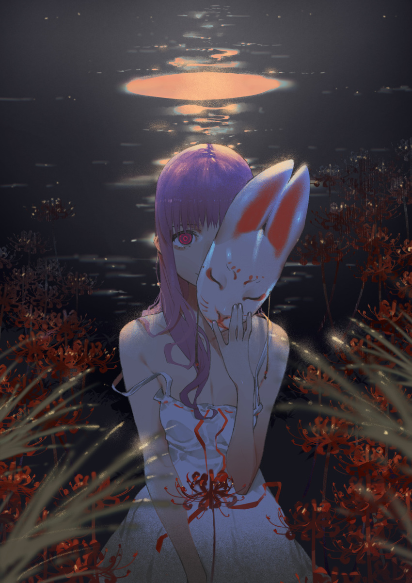 1girl breasts bunny_mask check_copyright cleavage copyright_request dress grass hand_up highres holding holding_mask lake long_hair looking_at_viewer mask medium_breasts original outdoors purple_hair red_eyes ringed_eyes ryota-h smile solo strap_slip sundress white_dress