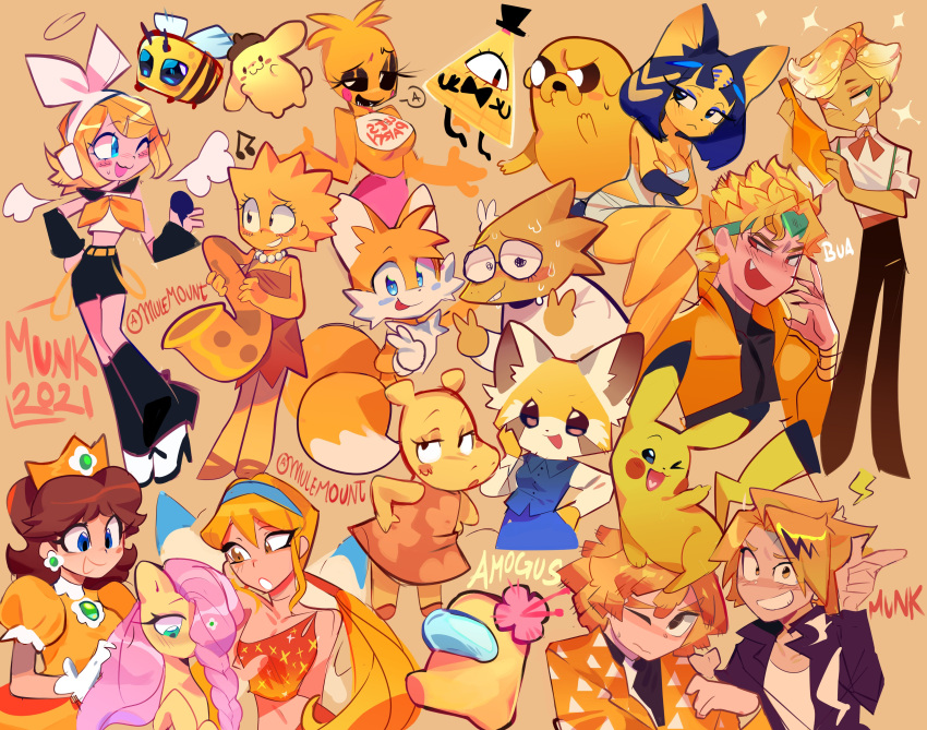 6+boys 6+girls absurdres adventure_time agatsuma_zenitsu aggressive_retsuko alphys among_us animal_crossing ankha_(animal_crossing) annotated bee bill_cipher blonde_hair boku_no_hero_academia bug chica color_connection colored_skin cookie_run crewmate_(among_us) crop_top crossover crown dio_brando double_v dress five_nights_at_freddy's fluttershy gravity_falls highres hippo_girl jake_the_dog jojo_no_kimyou_na_bouken kagamine_rin kaminari_denki kimetsu_no_yaiba labcoat lisa_simpson looking_at_viewer mario_(series) minecraft monster_girl mulemount multiple_boys multiple_crossover multiple_girls multiple_tails my_little_pony my_little_pony_friendship_is_magic pikachu pokemon pokemon_(creature) pompompurin princess_daisy retsuko sanrio smile sonic_(series) sparkling_cookie stardust_crusaders stella_(winx_club) tail tails_(sonic) tasha_(backyardigans) the_backyardigans the_simpsons triangle_print undertale v vocaloid winx_club yellow_(among_us) yellow_background yellow_skin yellow_theme