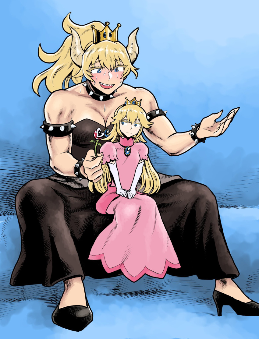 2girls armlet black_dress black_footwear blonde_hair blue_eyes blush bowsette bracelet breasts cleavage collar crown dress elbow_gloves eyebrows_visible_through_hair giant giantess gloves high_heels highres horns jewelry long_hair looking_at_another looking_to_the_side mario_(series) multiple_girls muscular muscular_female new_super_mario_bros._u_deluxe pink_dress piranha_plant ponytail princess_peach sharp_teeth sitting sitting_on_lap sitting_on_person size_difference spiked_armlet spiked_bracelet spiked_collar spikes strapless strapless_dress sweatdrop teeth tsunamino_yuu white_gloves yuri