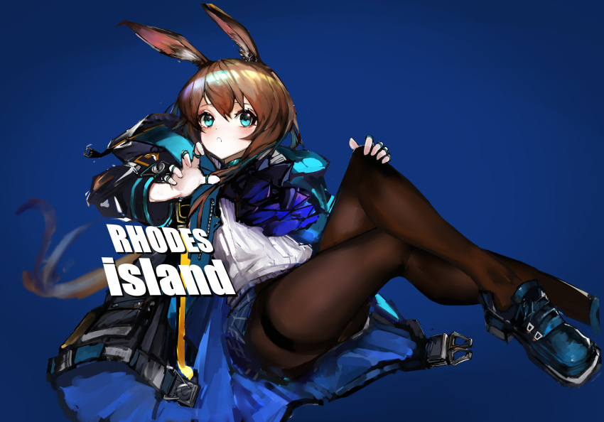 1girl :o absurdres amayouri amiya_(arknights) animal_ears arknights ascot black_jacket black_legwear blue_ascot blue_background blue_eyes blue_footwear blue_skirt brown_hair commentary full_body hair_between_eyes highres jacket jewelry long_hair looking_at_viewer multiple_rings open_clothes open_jacket pantyhose plaid plaid_skirt rabbit_ears ring shirt shoes simple_background skirt solo symbol-only_commentary thigh_strap thighs thumb_ring white_shirt