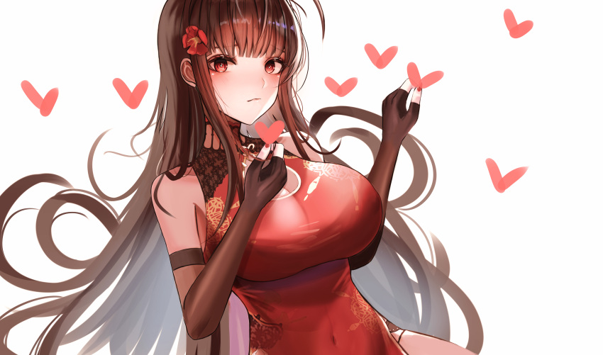 1girl absurdres black_gloves blush breasts brown_hair china_dress chinese_clothes closed_mouth covered_navel dress dsr-50_(girls'_frontline) elbow_gloves eyebrows_visible_through_hair flower ga_yeah girls'_frontline gloves hair_flower hair_ornament hand_up heart heart_print highres large_breasts long_hair looking_at_viewer nail_polish partially_fingerless_gloves red_dress red_eyes red_nails solo upper_body white_background