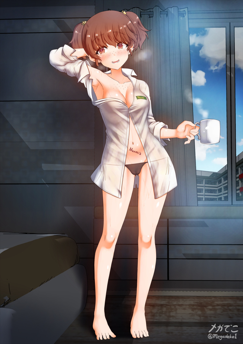 1girl alisa_(girls_und_panzer) aquaegg arm_behind_head arm_up artist_name bangs barefoot black_panties blinds blush body_freckles body_writing breasts brown_eyes brown_hair cleavage coffee_mug commentary cup dress_shirt eyebrows_visible_through_hair freckles girls_und_panzer hair_ornament highres holding holding_cup implied_yuri indoors long_sleeves looking_at_viewer medium_breasts mug navel no_bra no_pants open_mouth panties partially_unbuttoned shirt short_hair short_twintails signature smile solo standing star_(symbol) star_hair_ornament steam string_panties toes twintails twitter_username underwear white_shirt window