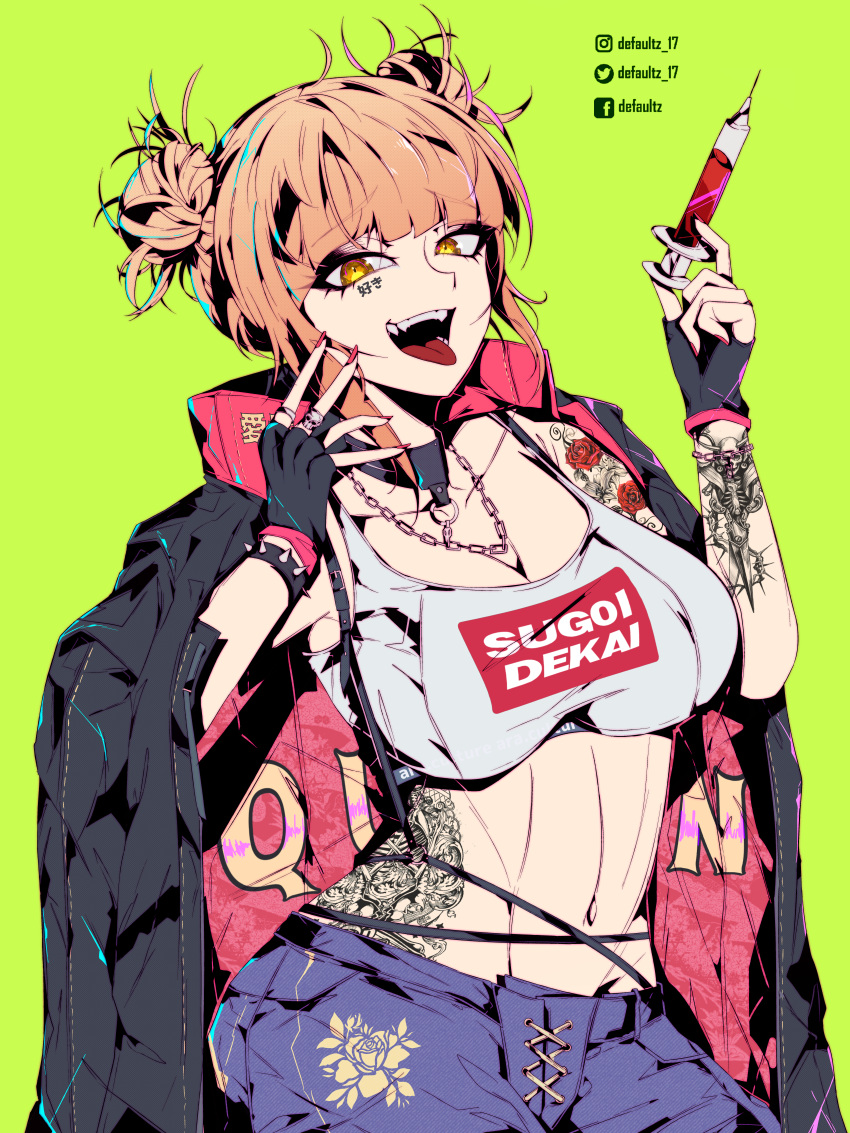 1girl :d absurdres black_coat blue_shorts boku_no_hero_academia breasts coat commentary defaultz double_bun facebook_logo facebook_username fingerless_gloves gloves green_background highres holding holding_syringe instagram_logo instagram_username messy_hair midriff nail_polish navel open_mouth red_nails shorts simple_background smile solo sugoi_dekai syringe tank_top tattoo toga_himiko tongue tongue_out twitter_logo twitter_username watermark