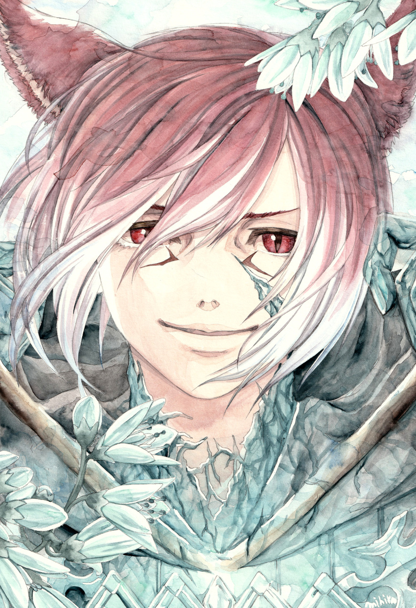 1boy absurdres animal_ears cat_ears close-up crystal crystal_exarch face final_fantasy final_fantasy_xiv flower g'raha_tia hair_between_eyes highres looking_at_viewer male_focus mihira_(tainosugatayaki) miqo'te portrait red_eyes red_hair short_hair smile solo traditional_media