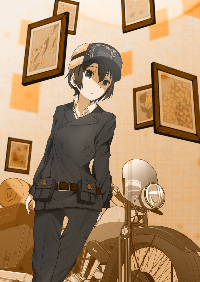 1girl absurdres androgynous bedroll belt belt_buckle belt_pouch black_eyes black_hair black_headwear black_jacket black_pants brown_belt buckle closed_mouth dress_shirt expressionless fur_hat goggles goggles_on_headwear ground_vehicle hair_between_eyes hat hermes_(kino_no_tabi) highres ichii_(blackbook0007) jacket kino_(kino_no_tabi) kino_no_tabi long_sleeves luggage motor_vehicle motorcycle pants picture_frame portrait_(object) pouch shirt short_hair solo suitcase tomboy white_shirt