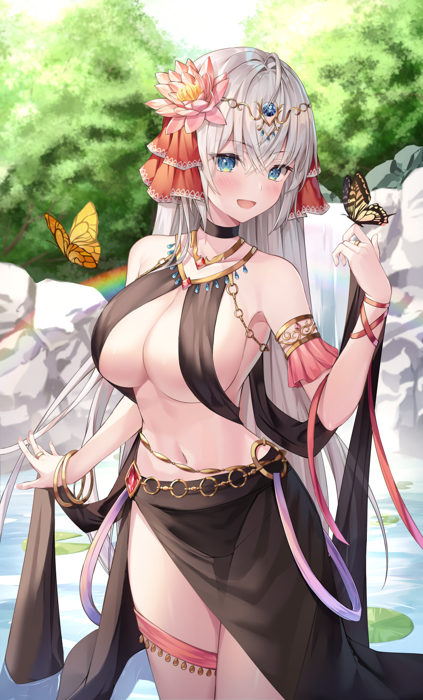 1girl :d absurdres ahoge armlet bangs blue_eyes blush bracelet breasts bug butterfly butterfly_on_hand chain choker circlet cleavage commentary cowboy_shot dancer day english_commentary eyebrows_visible_through_hair flower gold_chain hair_between_eyes hair_flower hair_ornament hair_ribbon highres jewelry large_breasts lily_pad long_hair looking_at_viewer navel neck_ring open_mouth original outdoors pink_flower rainbow red_ribbon revealing_clothes revision ribbon ring rock see-through shuvi_(shuvi1125) smile solo standing stomach straight_hair thigh_strap very_long_hair water waterfall white_hair yellow_butterfly
