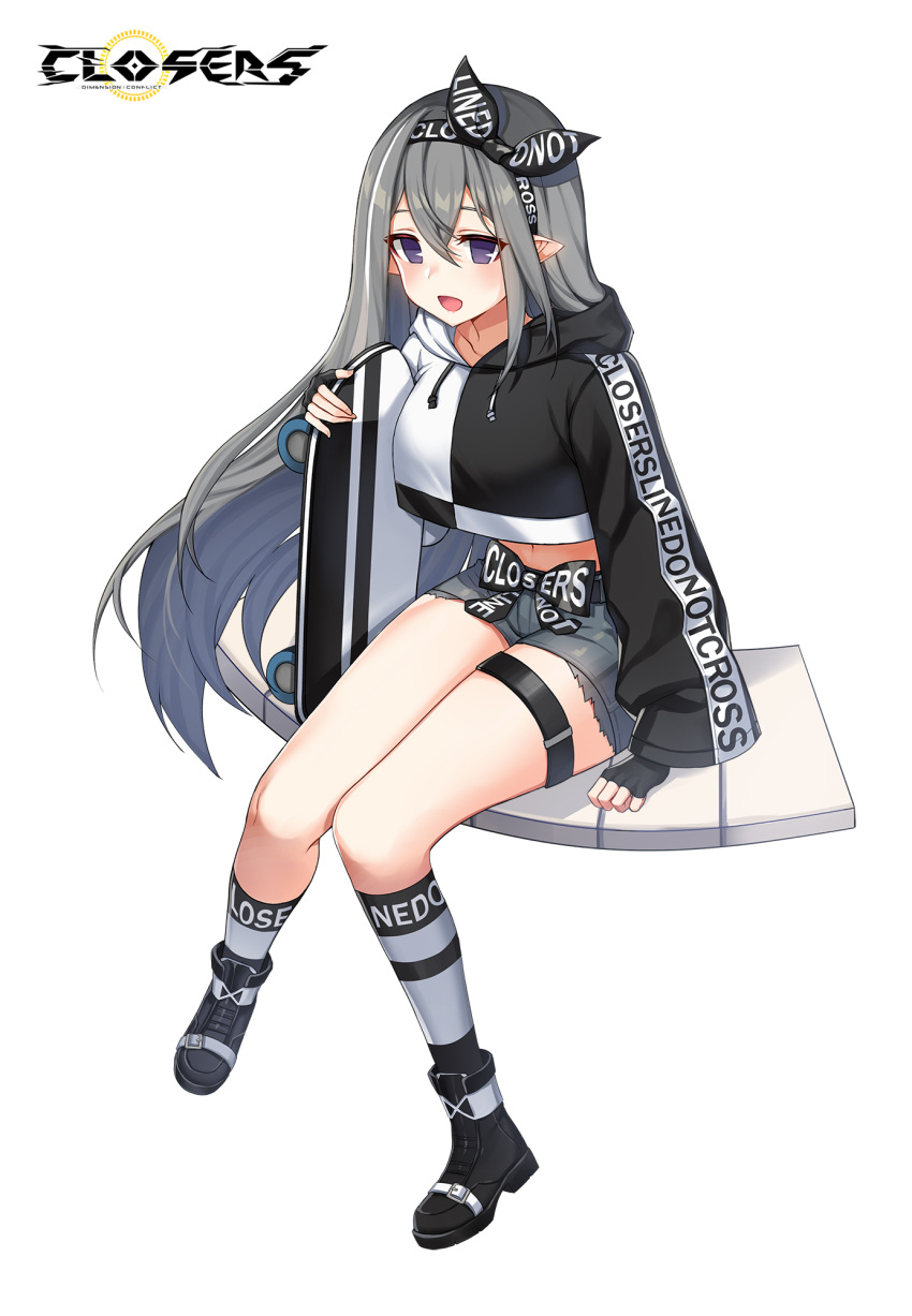 1girl :d belt black_footwear black_gloves boots closers clothes_writing crop_top crop_top_overhang cutoffs drawstring fingerless_gloves full_body gloves grey_hair grey_shorts hair_between_eyes hairband highres holding hood hood_down levia_(closers) long_hair long_sleeves looking_at_viewer midriff multicolored_hair navel official_art open_mouth pointy_ears purple_eyes shirt short_shorts shorts sidelocks simple_background sitting skateboard smile socks solo streaked_hair thigh_strap thighs two-tone_shirt very_long_hair white_background