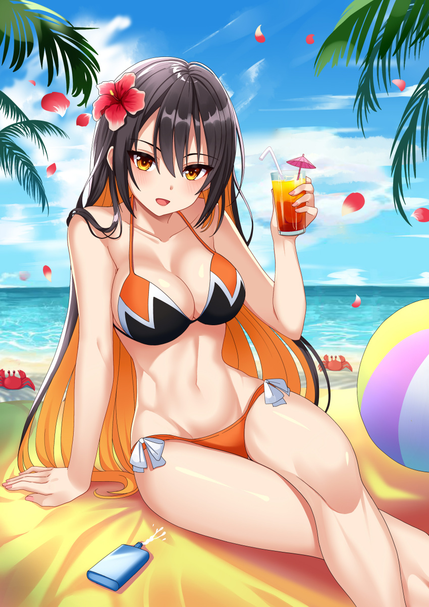 1girl absurdres ball beach bikini black_hair borrowed_character bottle breasts cleavage cloud cocktail_umbrella commission crab crossed_legs cryptocurrency cup day drink drinking_glass drinking_straw feet_out_of_frame flower hair_between_eyes hair_flower hair_ornament halterneck highres holding holding_cup horizon large_breasts long_hair looking_at_viewer lotion monero-chan multicolored_hair multiple_sources navel ocean open_mouth orange_bikini orange_eyes orange_hair original outdoors painttool_sai_(medium) plant red_flower rifqiaji sand second-party_source side-tie_bikini sitting sky smile solo string_bikini sunscreen swimsuit two-tone_hair very_long_hair