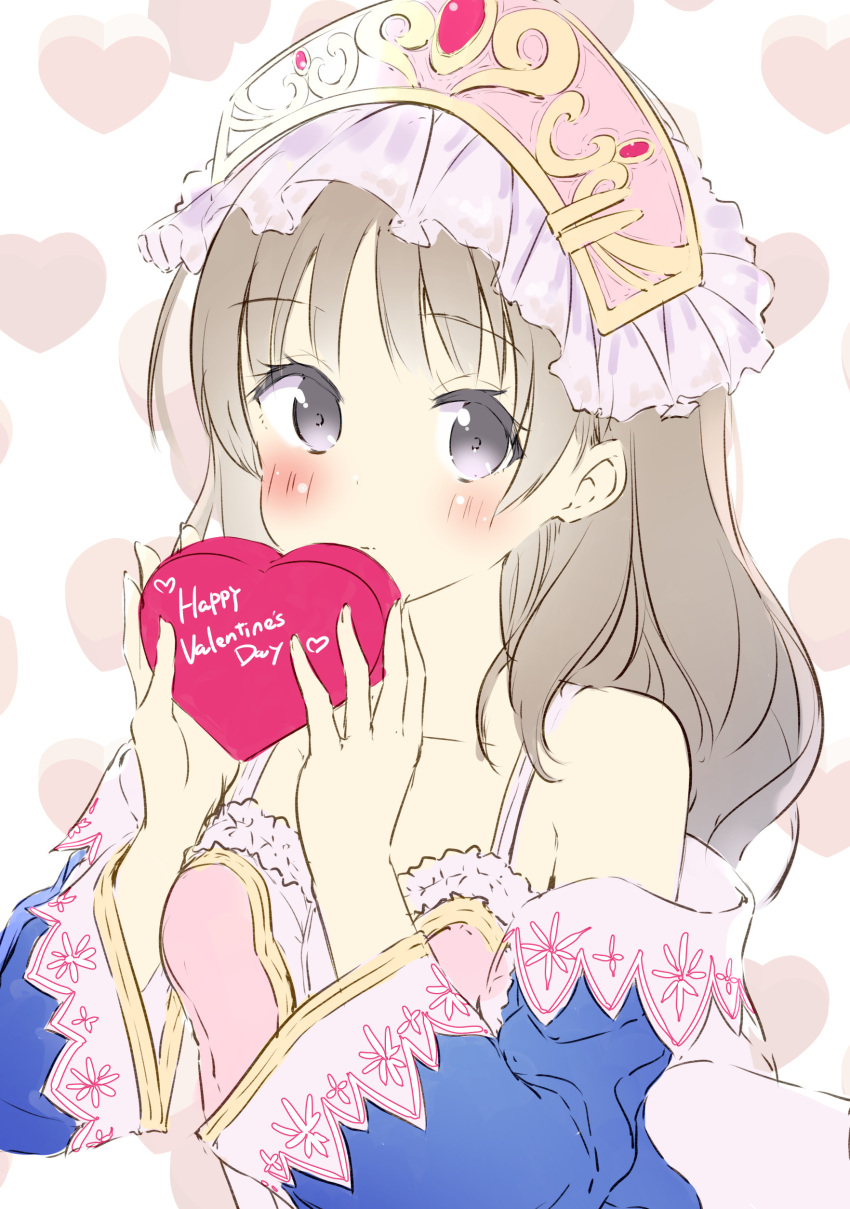 1girl absurdres atelier_(series) atelier_totori blush_stickers breasts brown_hair candy chocolate collarbone detached_sleeves dress food happy_valentine headdress heart heart-shaped_chocolate highres holding holding_chocolate holding_food long_hair minidraco small_breasts solo totooria_helmold valentine