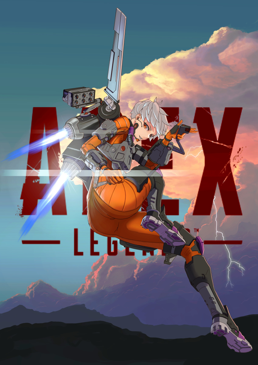 1girl absurdres apex_legends ass black_footwear bodysuit cloud copyright_name finger_gun floating hair_behind_ear highres in-universe_location jetpack lightning logo looking_to_the_side metal_boots mountain orange_bodysuit orange_eyes parted_lips science_fiction smile solo tbocart thrusters valkyrie_(apex_legends) world's_edge