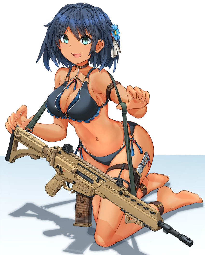 1girl ankle_strap arm_strap assault_rifle bangs barefoot bikini black_bikini black_choker blue_eyes bob_cut breasts carrying choker cleavage combat_knife commentary_request eyebrows_visible_through_hair flower full_body fx-05_xiuhcoatl gun hair_flower hair_ornament highres kneeling knife looking_at_viewer medium_breasts mikeran_(mikelan) navel open_mouth original rifle shadow short_hair smile solo swimsuit tan thigh_strap weapon white_background