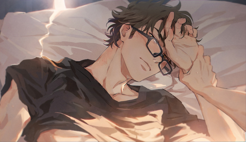 2boys ace_of_diamond black_shirt blush brown_eyes brown_hair closed_mouth glasses highres holding holding_another's_arm looking_at_another lying male_focus miyuki_kazuya multiple_boys on_back on_bed pillow sato_(sato_1_11) sawamura_eijun shirt short_hair sideburns upper_body yaoi