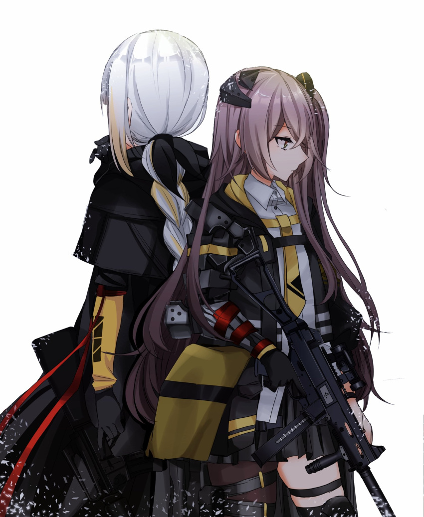 2girls alternate_hair_color assault_rifle braid braided_ponytail brown_hair commentary_request corruption girls'_frontline gloves gun h&amp;k_ump h&amp;k_ump45 highres long_hair m16 m16a1 m16a1_(boss)_(girls'_frontline) mechanical_arms mod3_(girls'_frontline) multiple_girls rifle sangvis_ferri shadow71580825 single_mechanical_arm submachine_gun suppressor ump45_(girls'_frontline) weapon white_hair