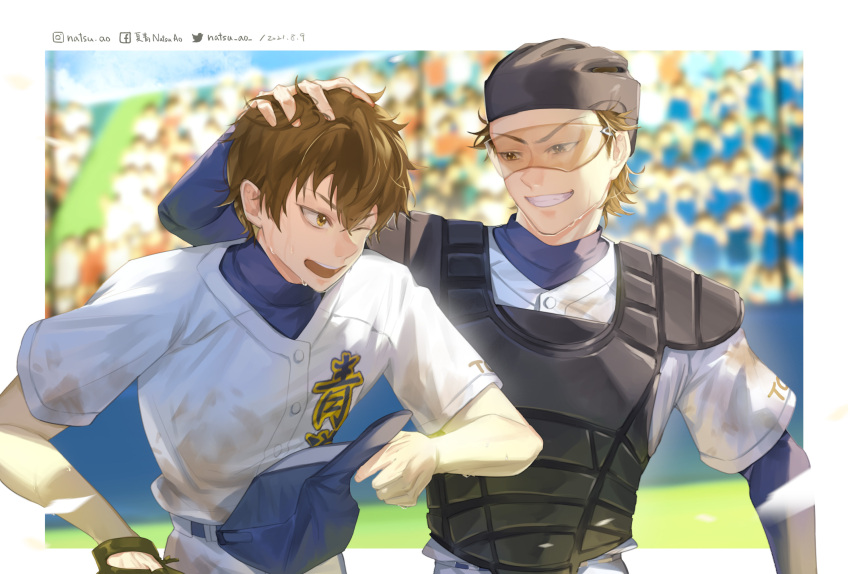 2boys ;d ace_of_diamond artist_name baseball_helmet baseball_mitt baseball_uniform bleachers blurry blurry_background brown_eyes brown_hair facebook_username hat hat_removed headwear_removed helmet highres holding holding_clothes holding_hat instagram_username long_sleeves looking_at_another male_focus miyuki_kazuya multiple_boys one_eye_closed open_mouth outdoors sawamura_eijun shirt smile sportswear sunglasses twitter_username white_shirt xia_qing