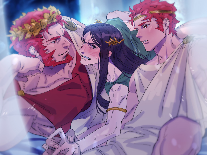 3boys alexandros_(fate) alternate_costume armlet bara beard blush boy_sandwich elbow_rest embarrassed facial_hair fate/zero fate_(series) greek_clothes holding_hands iskandar_(fate) jeje_(pixiv12541114) large_pectorals laurel_crown long_hair long_sideburns looking_to_the_side lord_el-melloi_ii male_focus mature_male multiple_boys muscular muscular_male pectorals red_eyes red_hair sandwiched short_hair sideburns sidepec waver_velvet yaoi younger