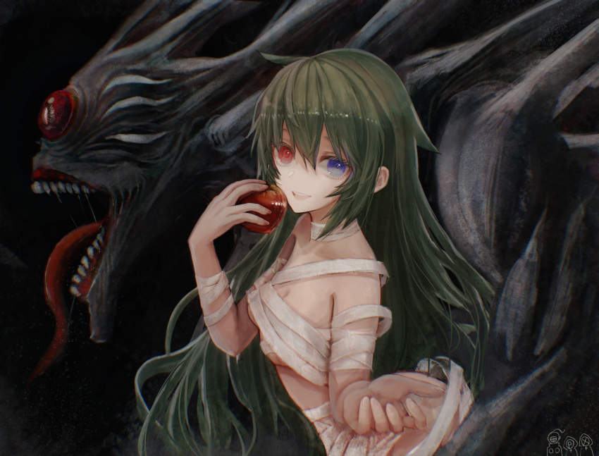1girl apple bandaged_arm bandages bangs bin_brothers_(tokyo_ghoul) black_background blue_eyes breasts budget_sarashi character_print cleavage eto_(tokyo_ghoul) food from_side fruit green_hair hand_up highres holding holding_food holding_fruit kagune_(tokyo_ghoul) long_hair noro_(tokyo_ghoul) open_mouth red_apple red_eyes sarashi shiny shiny_hair small_breasts smile straw_like teeth tokyo_ghoul tongue tongue_out upper_teeth