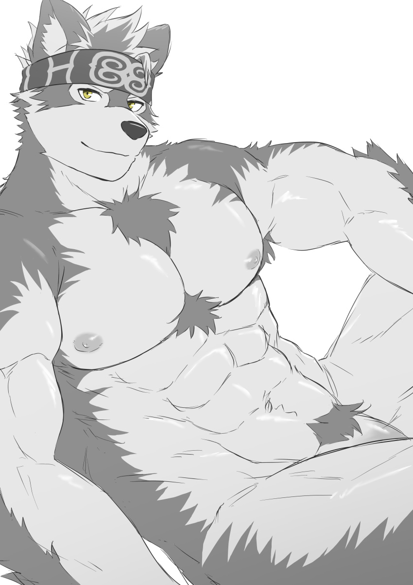 1boy abs absurdres ainu_clothes animal_ears bara chest_hair completely_nude feet_out_of_frame flaccid furry furry_male grey_fur grey_hair head_tilt headband highres horkeu_kamui ioenami large_pectorals looking_at_viewer male_focus male_pubic_hair muscular muscular_male navel navel_hair nipples nude pectorals penis penis_peek pubic_hair short_hair silver_hair smile solo stomach thick_thighs thighs tokyo_afterschool_summoners two-tone_fur white_fur wolf_boy wolf_ears yellow_eyes