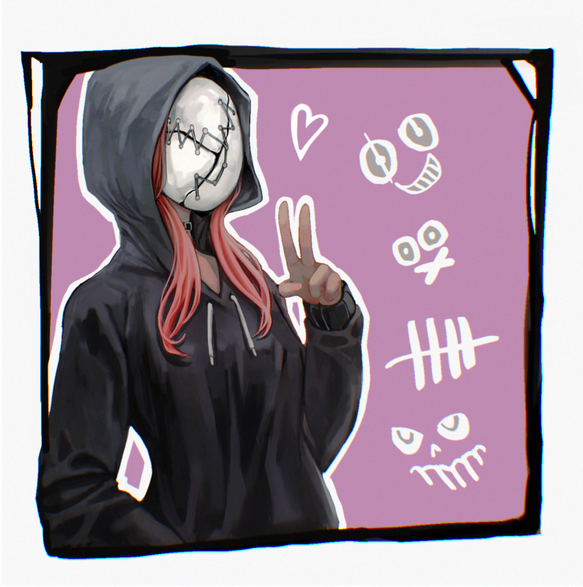 1girl black_hoodie border broken_mask choker commentary_request dead_by_daylight highres hood hood_up hoodie long_hair long_sleeves mask outline pink_background red_hair solo straw_like the_legion_(dead_by_daylight) translation_request upper_body v white_border white_outline