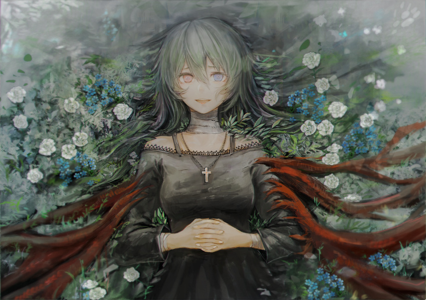1girl :d bandaged_neck bandages bangs bare_shoulders black_dress blue_flower breasts commentary_request cross cross_necklace dress eto_(tokyo_ghoul) field flower flower_field from_above gradient gradient_background green_hair hair_between_eyes heterochromia interlocked_fingers jewelry latin_cross long_hair looking_at_viewer lying medium_breasts necklace on_back open_mouth own_hands_together smile solo straw_like teeth tokyo_ghoul upper_teeth white_flower