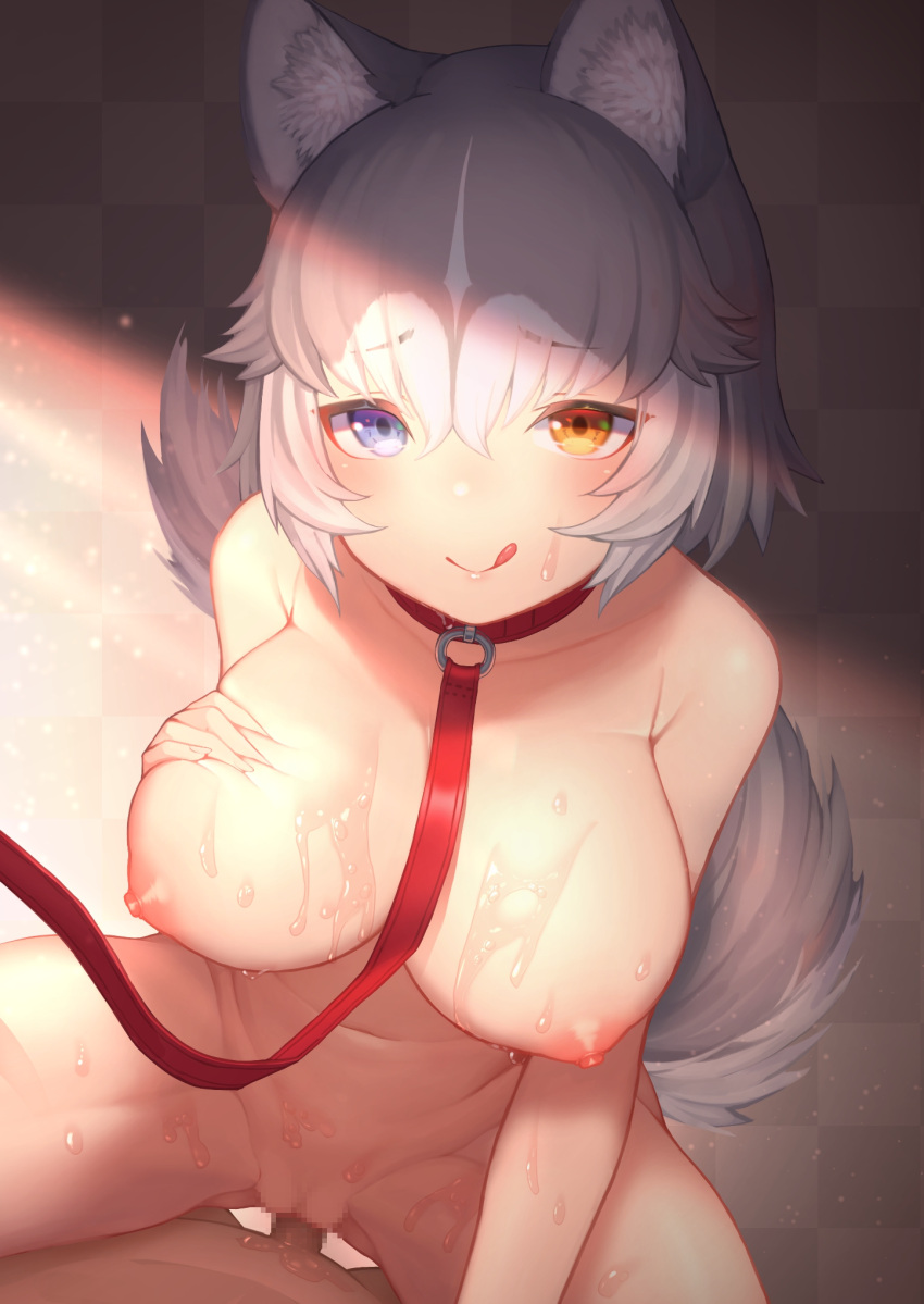 1boy 1girl :q akuma_(st.takuma) alternate_breast_size animal_collar animal_ears assertive_female bangs blue_eyes breasts censored collar collarbone colored_inner_hair commentary completely_nude cowgirl_position dog_(mixed_breed)_(kemono_friends) dog_ears dog_girl dog_tail dutch_angle erection eyebrows_visible_through_hair furrowed_brow girl_on_top grey_hair groin hair_between_eyes hand_on_own_chest hand_up hetero heterochromia highres kemono_friends large_breasts leaning_forward leash licking_lips medium_hair mosaic_censoring multicolored_hair navel nipples nude orange_eyes penis pov red_collar seductive_smile sex smile solo_focus spread_legs stomach straddling sweat symbol-only_commentary tail tongue tongue_out two-tone_hair vaginal white_hair