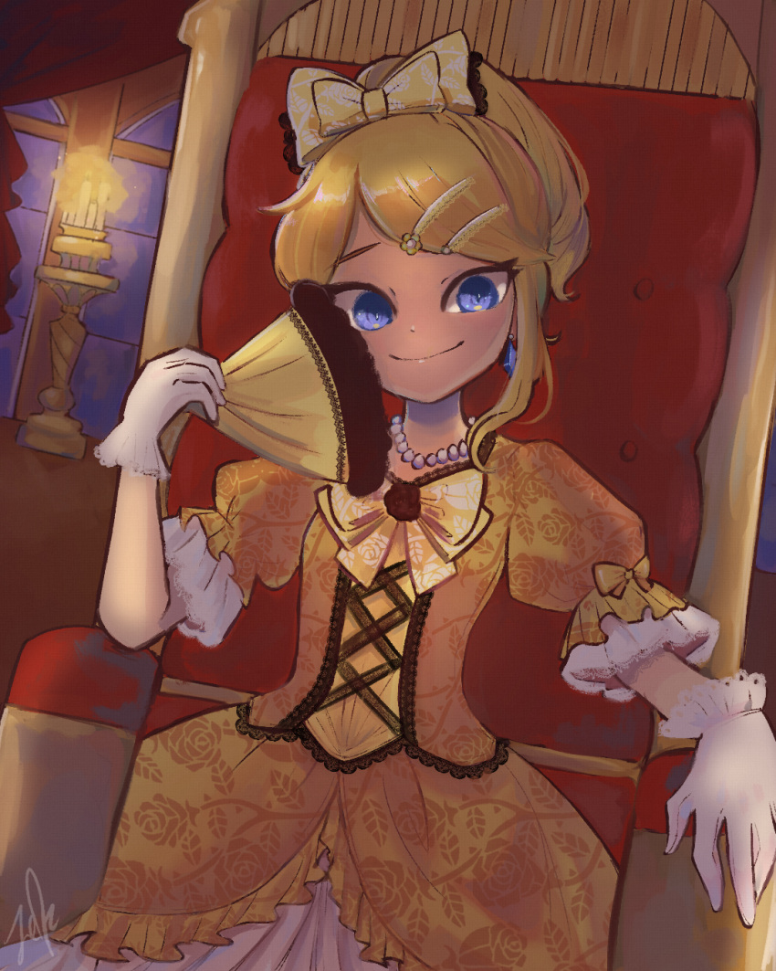 1girl aku_no_musume_(vocaloid) blonde_hair blue_eyes bow candle commentary dress dress_bow dutch_angle earrings elbow_rest evillious_nendaiki floral_print flower frilled_gloves frills gloves hair_ornament hairclip hand_fan highres holding holding_fan jewelry kagamine_rin lcfz necklace pearl_necklace riliane_lucifen_d'autriche rose rose_print short_sleeves smile solo throne throne_room tsurime updo vocaloid white_gloves window yellow_dress