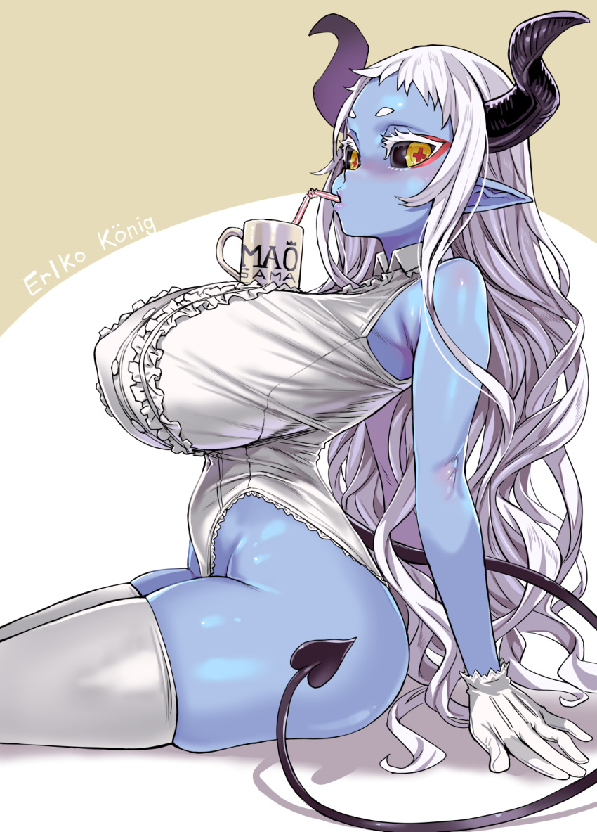 +_+ 1girl arched_back asanagi black_sclera blue_skin breasts colored_eyelashes colored_sclera colored_skin convenient_breasts cup demon_girl demon_horns demon_tail drinking_straw drinking_straw_in_mouth eyeshadow frilled_leotard frills from_side gloves highres horns huge_breasts leotard long_hair makeup mug no_panties object_on_breast original pointy_ears red_eyeliner simple_background sitting skindentation solo symbol-shaped_pupils tail thick_thighs thighhighs thighs very_long_hair white_gloves white_hair white_legwear white_leotard yellow_eyes