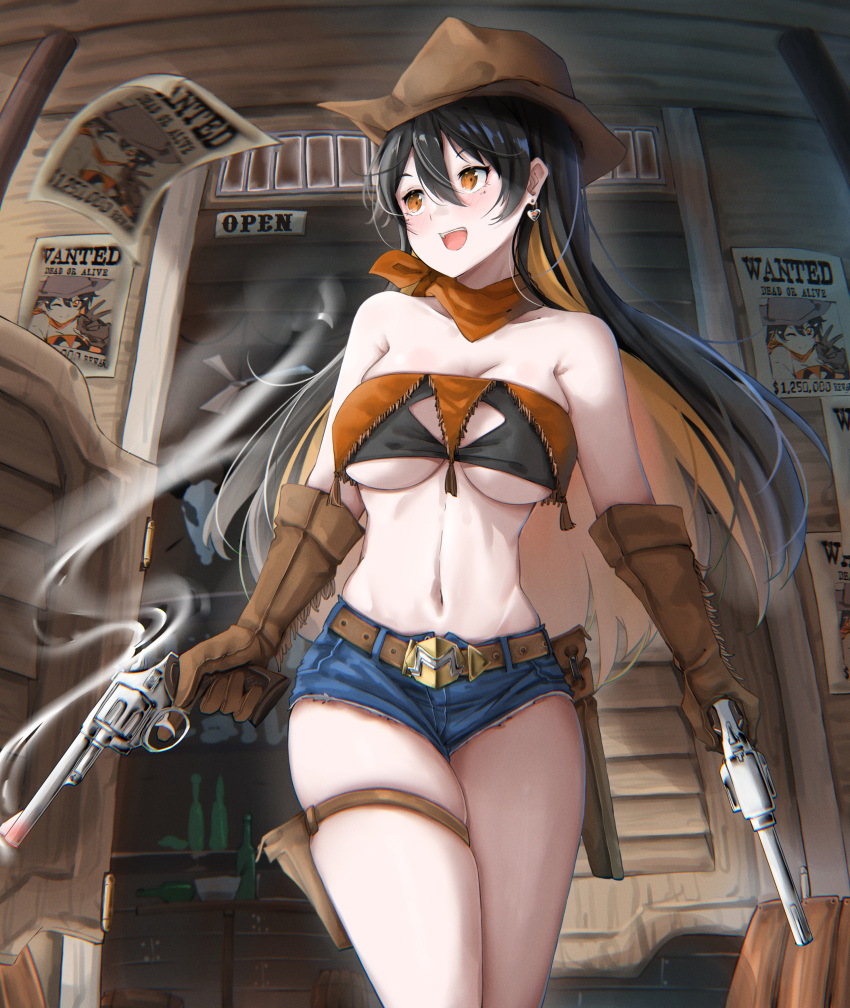1girl absurdres belt belt_buckle black_hair blue_shorts borrowed_character bottle breasts brown_gloves brown_headwear buckle building cleavage_cutout clothing_cutout commission cowboy_hat cowboy_shot cowboy_western cryptocurrency denim denim_shorts door dual_wielding earrings english_text gie_(gienara) gloves gun hair_between_eyes hat heart highres holding holding_weapon holster jewelry large_breasts leather leather_gloves long_hair monero-chan multicolored_hair multiple_sources navel open_mouth orange_eyes orange_hair orange_scarf original painttool_sai_(medium) photoshop_(medium) revolver scarf second-party_source short_shorts shorts smile smoke smoking_gun solo strapless teeth thigh_strap tube_top two-tone_hair underboob wanted weapon wood wooden_door