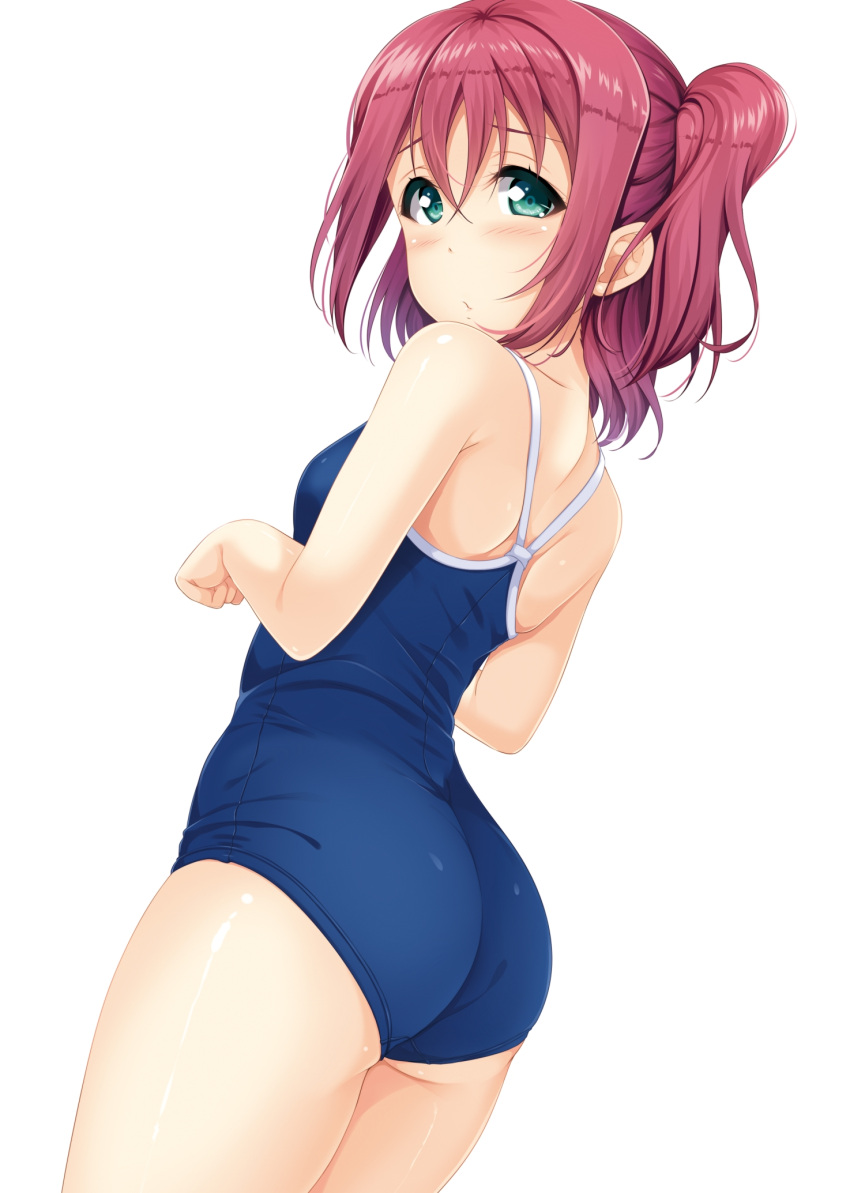 1girl aqua_eyes ass blue_swimsuit commentary_request competition_school_swimsuit cowboy_shot from_behind highres hino_minato_(spec.c) kurosawa_ruby looking_at_viewer love_live! love_live!_sunshine!! medium_hair red_hair school_swimsuit simple_background solo standing swimsuit two_side_up white_background