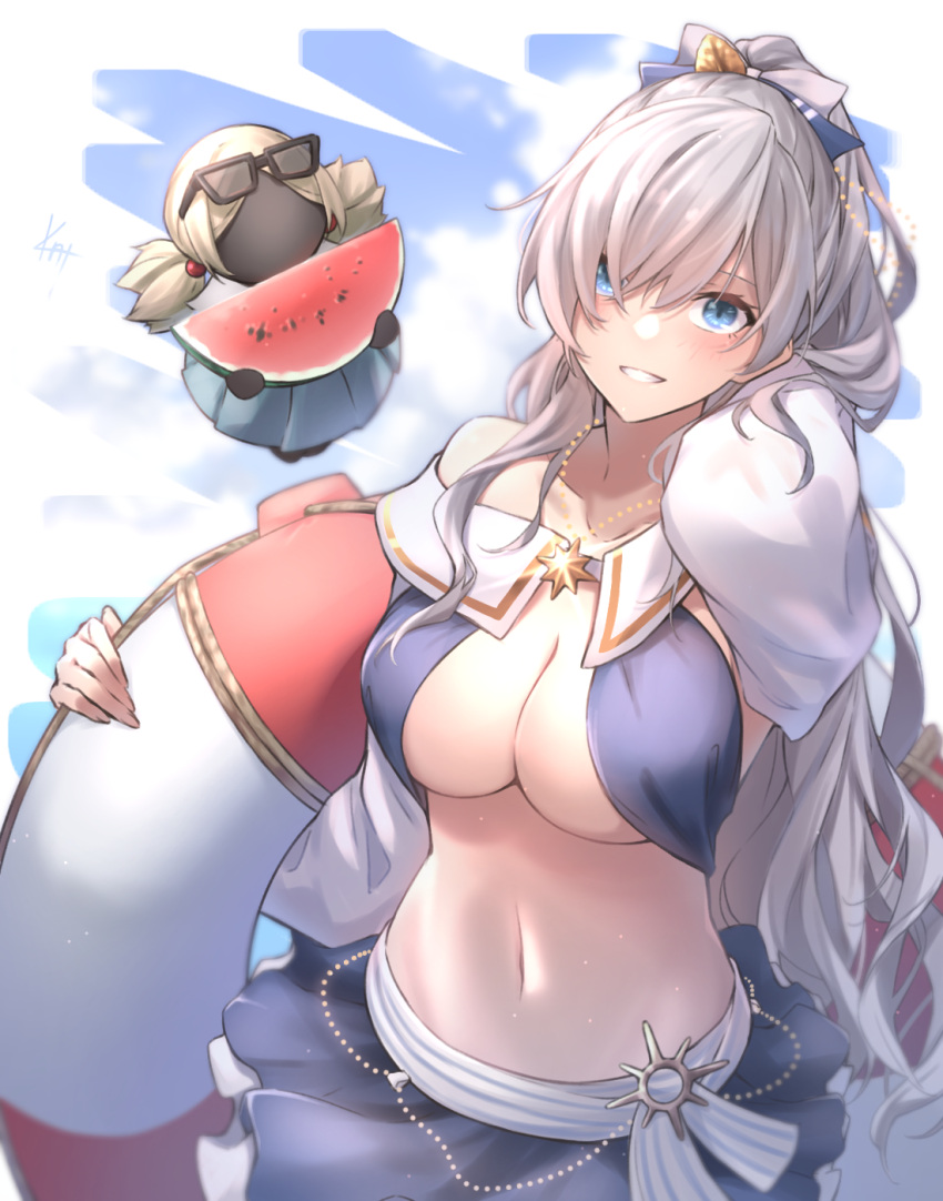 1girl :d anastasia_(fate) anastasia_(swimsuit_archer)_(fate) bare_shoulders black-framed_eyewear black_skirt blue_eyes breasts cleavage collarbone cowboy_shot doll eyewear_on_head fate/grand_order fate_(series) floating glint grin hair_over_one_eye highres jewelry knt02142769 large_breasts lifebuoy long_hair long_sleeves looking_at_viewer necklace off_shoulder open_mouth ponytail revealing_clothes signature silver_hair skirt smile sunglasses teeth viy_(fate) watermelon_slice