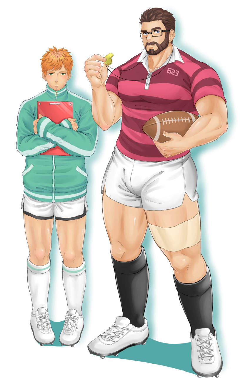 2boys alternate_costume bara beard black-framed_eyewear blush bulge couple dolphin_shorts facial_hair fresuke_sanc full_body glasses gyee highres holding kneehighs large_pectorals male_focus mature_male multiple_boys muscular muscular_male orange_hair pectorals rugby rugby_ball rugby_uniform shirt short_hair shorts socks sportswear stomach thick_thighs thighs tight tight_shirt turing_(gyee) vundo_(gyee) whistle whistle_around_neck yaoi