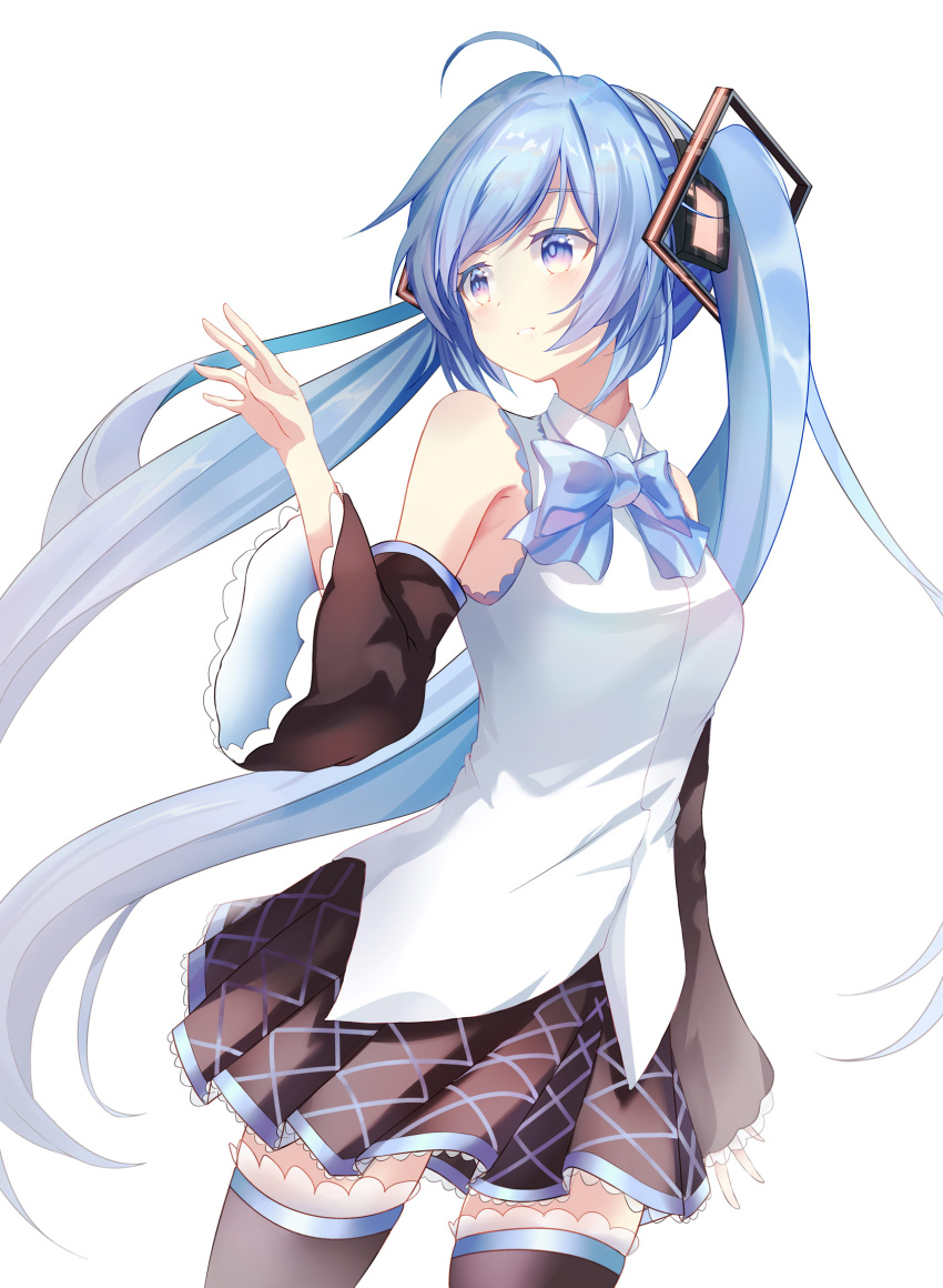 1girl ahoge bangs black_legwear black_skirt black_sleeves blue_eyes blue_hair blue_neckwear chinese_commentary collared_shirt commentary detached_sleeves floating_hair hand_up hatsune_miku highres hishiki_(pixi14719710) long_hair long_sleeves looking_to_the_side miniskirt parted_lips pleated_skirt print_skirt shiny shiny_hair shirt simple_background skirt sleeveless sleeveless_shirt solo standing swept_bangs thighhighs twintails very_long_hair vocaloid white_background white_shirt wing_collar zettai_ryouiki