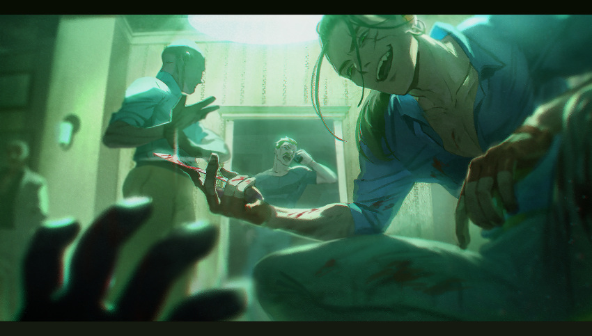 5boys bald blood blood_on_clothes blood_on_face blood_on_weapon blood_stain collarbone commentary_request earrings evil_smile formal gloves henchman_(hotline_miami) highres holding holding_weapon hotline_miami hotline_miami_2:_wrong_number indoors jacket jewelry knife male_focus meipu_hm multiple_boys pants ponytail shoes smile son_(hotline_miami) standing violence weapon