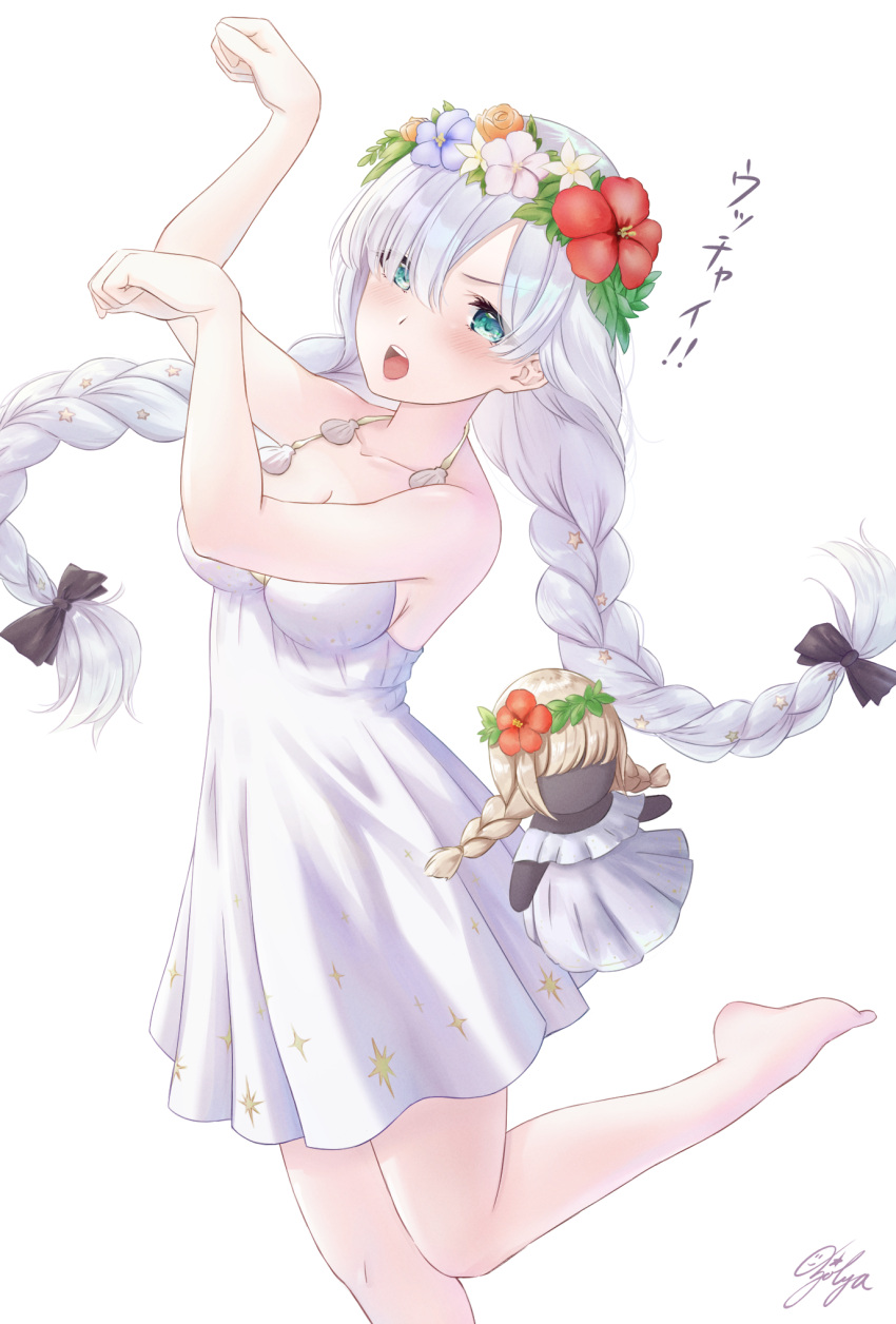 1girl anastasia_(fate) anastasia_(swimsuit_archer)_(fate) bangs bare_shoulders barefoot blue_eyes blush bow braid breasts cleavage collarbone doll dress dress_swimsuit fate/grand_order fate_(series) flower_wreath hair_bow hair_over_one_eye hands_up head_wreath highres ichijo_kazuya long_hair looking_at_viewer medium_breasts open_mouth silver_hair thighs translation_request twin_braids very_long_hair viy_(fate) white_dress