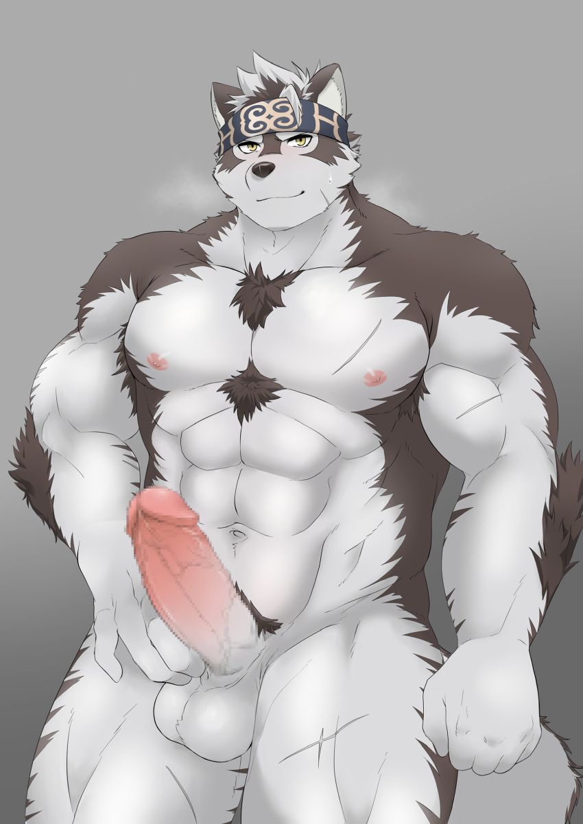1boy abs ainu_clothes animal_ears bara breath chest_hair come_hither completely_nude erection furry furry_male grey_fur grey_hair headband highres horkeu_kamui ioenami large_pectorals large_penis looking_at_viewer male_focus male_pubic_hair muscular muscular_male navel nipples nude pectorals penis presenting pubic_hair scar scar_on_arm scar_on_chest scar_on_leg seductive_smile short_hair silver_hair smile solo stomach tail testicles thick_thighs thighs tokyo_afterschool_summoners two-tone_fur uncensored veins veiny_penis white_fur wolf_boy wolf_ears wolf_tail yellow_eyes