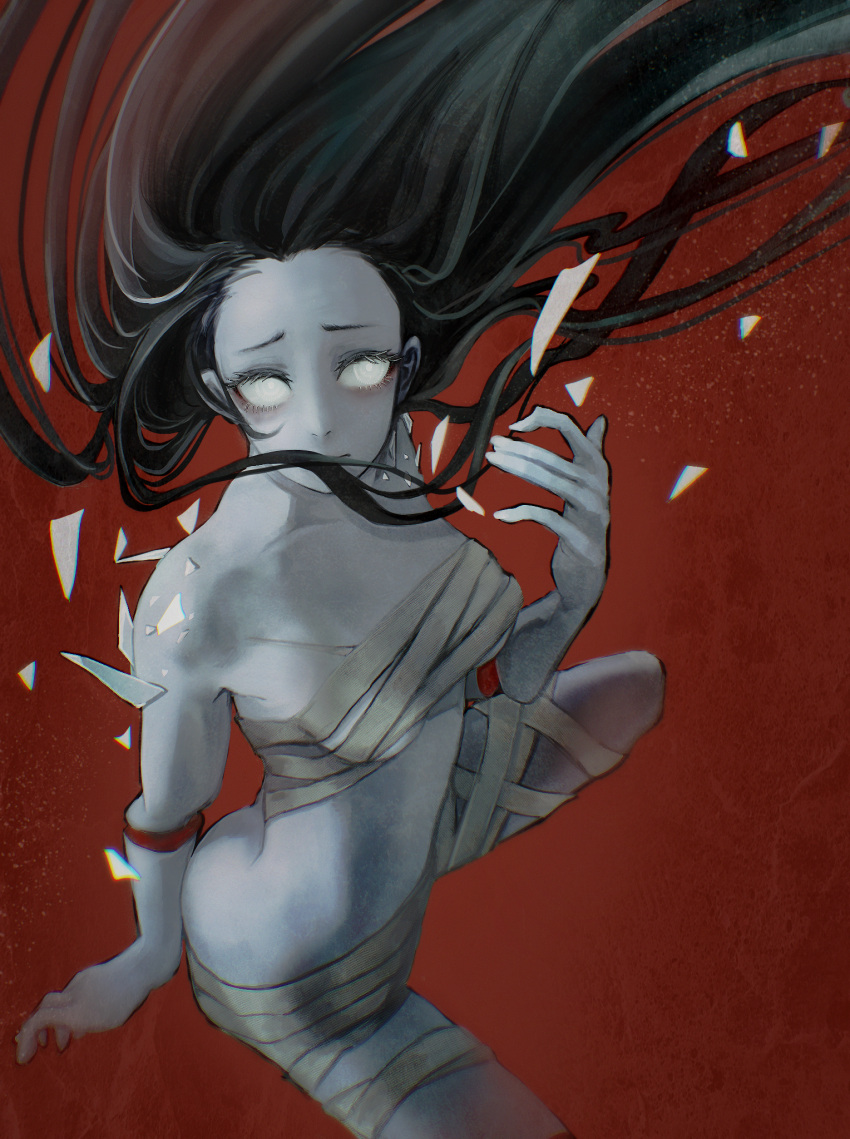 1girl arm_behind_back bandaged_leg bandages black_hair budget_sarashi collarbone colored_skin dead_by_daylight disembodied_limb floating_hair gradient gradient_background grey_eyes grey_hair grey_skin hand_up highres light_particles looking_at_viewer multicolored_hair red_background sarashi straw_like the_spirit_(dead_by_daylight) two-tone_hair