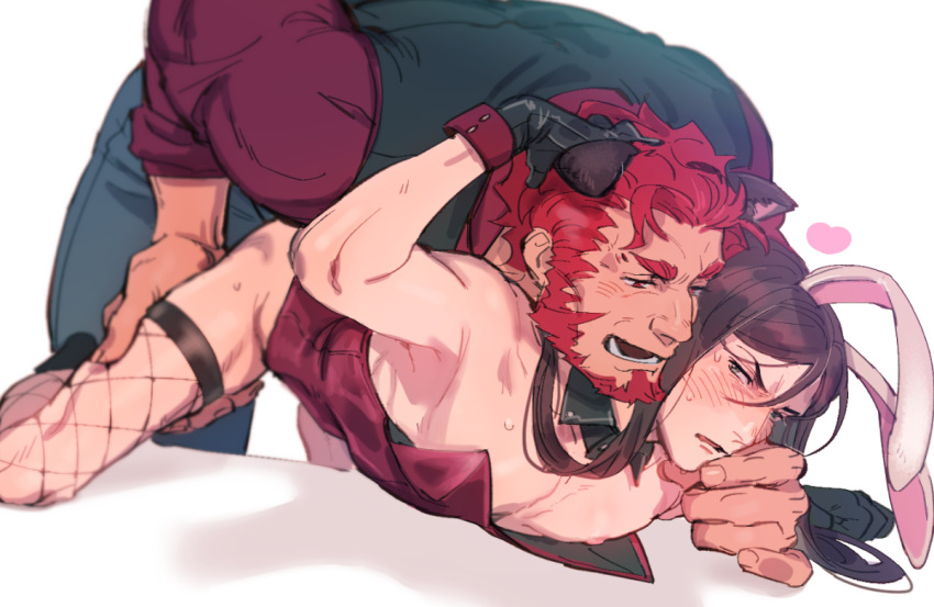 2boys animal_ears bare_pectorals beard black_vest blush crossdressing denim detached_collar dog_ears facial_hair fate/zero fate_(series) fishnet_legwear fishnets foreshortening imminent_anal imminent_penetration iskandar_(fate) jeans jeje_(pixiv12541114) kemonomimi_mode leotard lord_el-melloi_ii lord_el-melloi_ii_case_files male_focus male_playboy_bunny mature_male multiple_boys muscular muscular_male pants pectorals purple_shirt rabbit_ears red_eyes red_hair shirt short_hair size_difference skinny strapless strapless_leotard thighhighs vest waver_velvet wing_collar wrist_cuffs yaoi