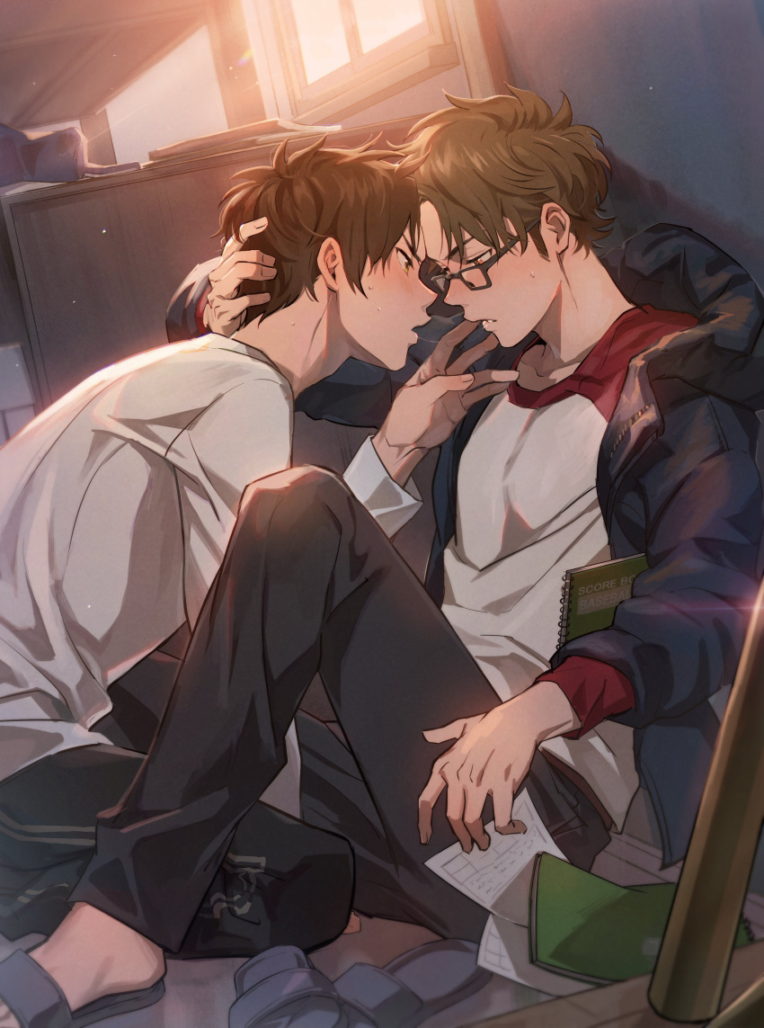 2boys absurdres ace_of_diamond after_kiss blue_jacket blush brown_eyes brown_hair couple face-to-face glasses hand_on_another's_face highres holding_another's_head hood hood_down hooded_jacket indoors jacket looking_at_another male_focus miyuki_kazuya multiple_boys open_clothes open_jacket saliva saliva_trail sandals sato_(sato_1_11) sawamura_eijun shirt short_hair sideburns sitting sunlight white_shirt window yaoi