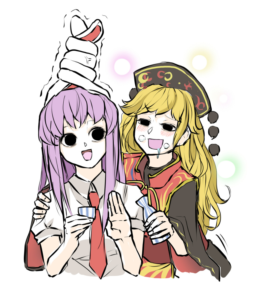 2girls anger_vein arm_up bangs black_eyes blonde_hair blush breath brown_sash chinese_clothes choko_(cup) collared_shirt cup drooling drunk empty_eyes hand_on_another's_shoulder highres junko_(touhou) light_purple_hair long_hair long_sleeves multiple_girls neck_ribbon necktie open_mouth peroponesosu. phoenix_crown red_necktie reisen_udongein_inaba ribbon shirt short_sleeves simple_background tabard tassel touhou twisted_ears white_background white_shirt wide_sleeves yellow_ribbon